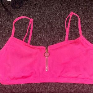 Electric Pink Ribbed Zip-Front Bikini Top